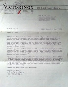 letter from Victorinox Walter Mathis