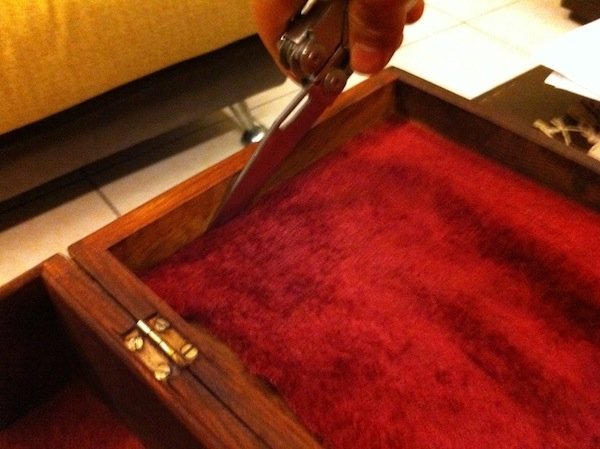 10. Cut the interior edges with a sharp blade and remove the velvet lining on both the inside top and inside bottom of the box. Remove the velvet lining as it does not, in my opinion, make for a good humidor construction due to its scent and moisture-retention properties.